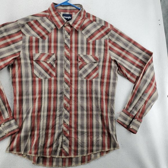 Wrangler Shirt Men's Long Sleeve Pearl Snap Up Plaid Spread Collar Brown XL - Picture 5 of 11